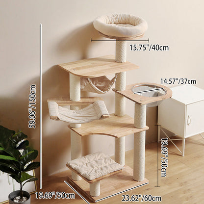 Contemporary Scandinavian Rectangular Rubberwood Pine Wood Pillar Corduroy Kraft Paper Rope Acrylic Cat Tree 5-Tier For Bedroom