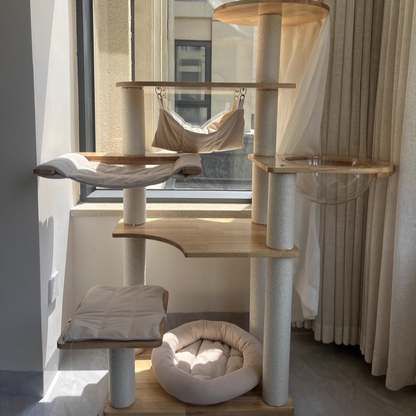 Contemporary Scandinavian Rectangular Rubberwood Pine Wood Pillar Corduroy Kraft Paper Rope Acrylic Cat Tree 5-Tier For Bedroom