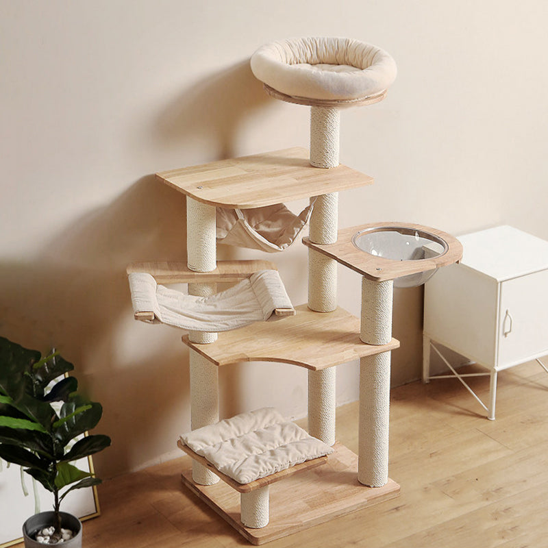 Contemporary Scandinavian Rectangular Rubberwood Pine Wood Pillar Corduroy Kraft Paper Rope Acrylic Cat Tree 5-Tier For Bedroom