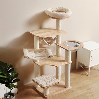 Contemporary Scandinavian Rectangular Rubberwood Pine Wood Pillar Corduroy Kraft Paper Rope Acrylic Cat Tree 5-Tier For Bedroom