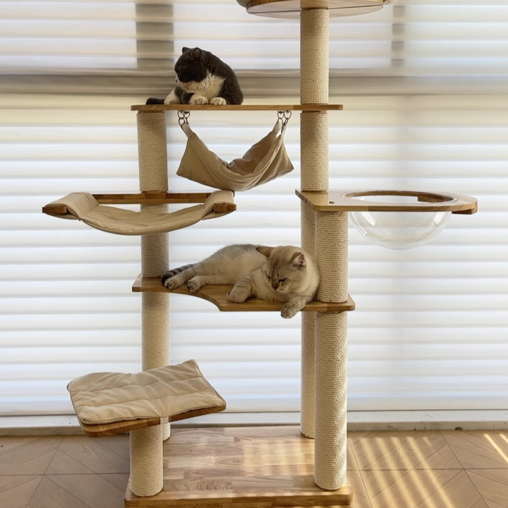 Contemporary Scandinavian Rectangular Rubberwood Pine Wood Pillar Corduroy Kraft Paper Rope Acrylic Cat Tree 5-Tier For Bedroom