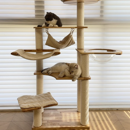 Contemporary Scandinavian Rectangular Rubberwood Pine Wood Pillar Corduroy Kraft Paper Rope Acrylic Cat Tree 5-Tier For Bedroom