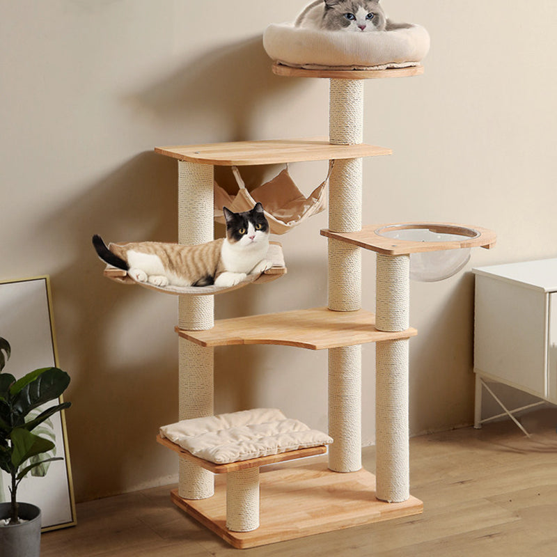 Contemporary Scandinavian Rectangular Rubberwood Pine Wood Pillar Corduroy Kraft Paper Rope Acrylic Cat Tree 5-Tier For Bedroom