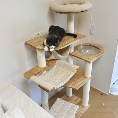 Contemporary Scandinavian Rectangular Rubberwood Pine Wood Pillar Corduroy Kraft Paper Rope Acrylic Cat Tree 5-Tier For Bedroom