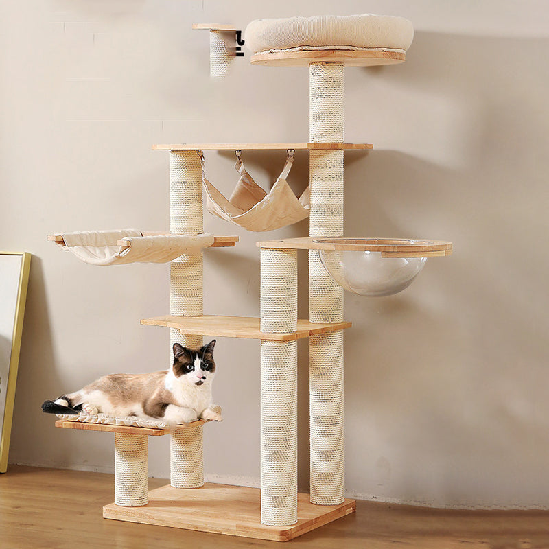 Contemporary Scandinavian Rectangular Rubberwood Pine Wood Pillar Corduroy Kraft Paper Rope Acrylic Cat Tree 5-Tier For Bedroom