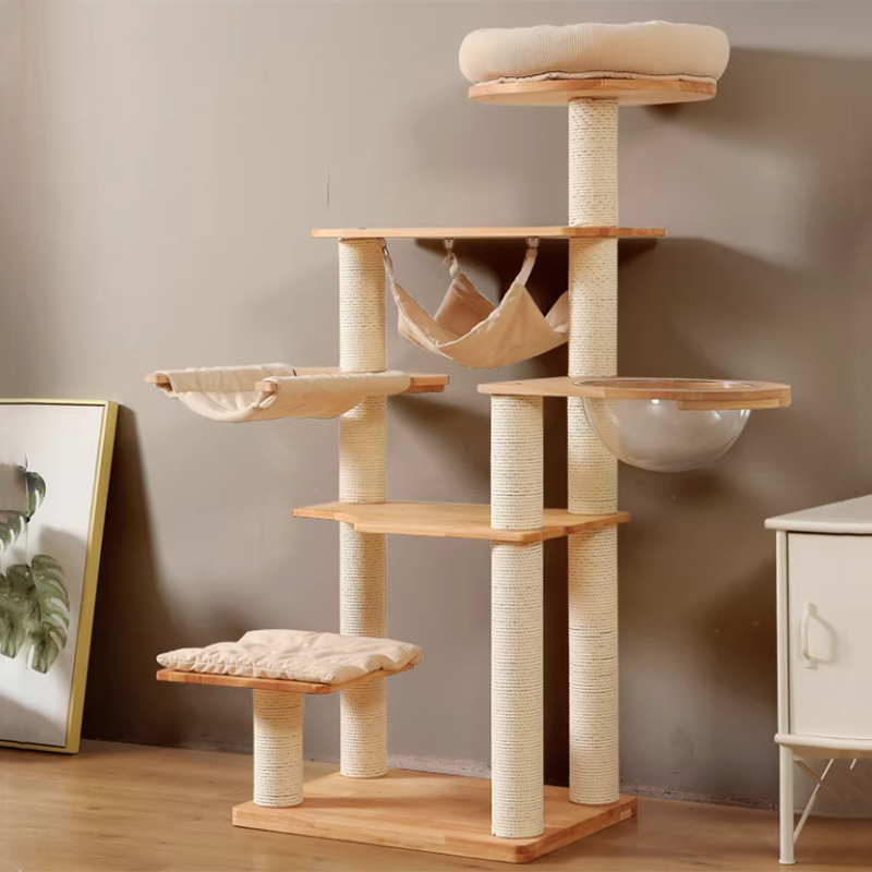 Contemporary Scandinavian Rectangular Rubberwood Pine Wood Pillar Corduroy Kraft Paper Rope Acrylic Cat Tree 5-Tier For Bedroom