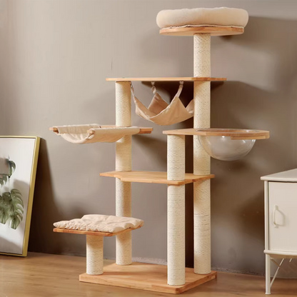 Contemporary Scandinavian Rectangular Rubberwood Pine Wood Pillar Corduroy Kraft Paper Rope Acrylic Cat Tree 5-Tier For Bedroom