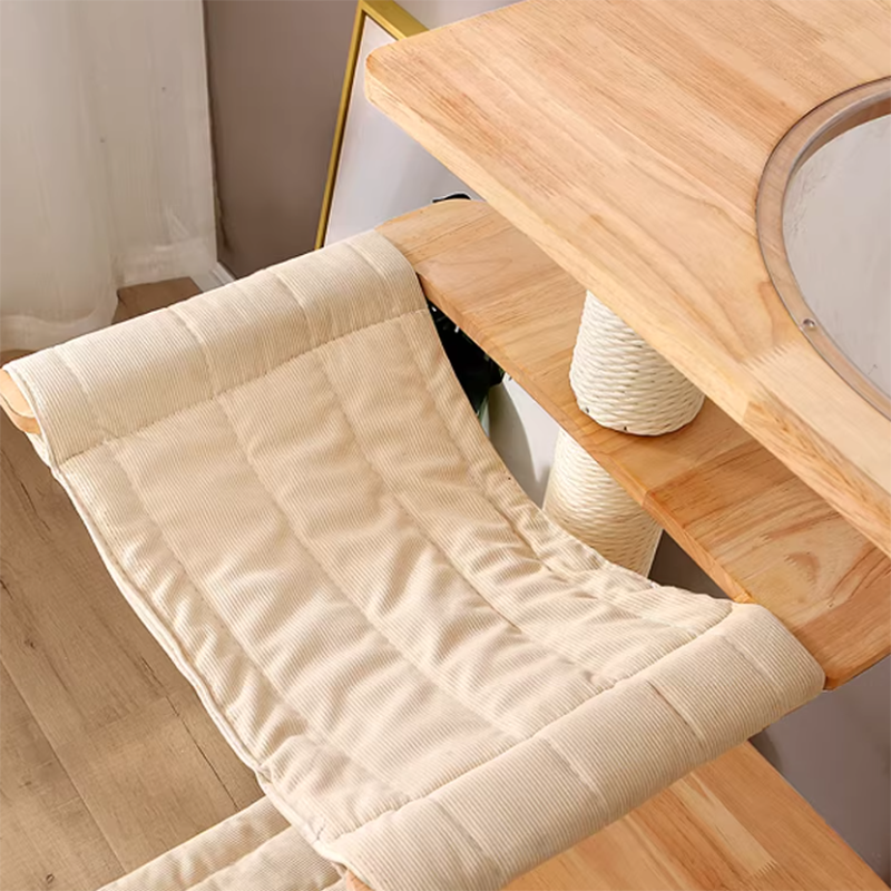 Contemporary Scandinavian Rectangular Rubberwood Pine Wood Pillar Corduroy Kraft Paper Rope Acrylic Cat Tree 5-Tier For Bedroom