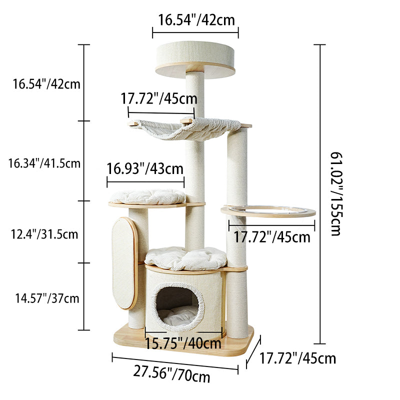 Contemporary Scandinavian Round E0-Grade Plywood Corduroy Hemp Rope Paper Tube Acrylic Cat Tree 5-Tier For Bedroom