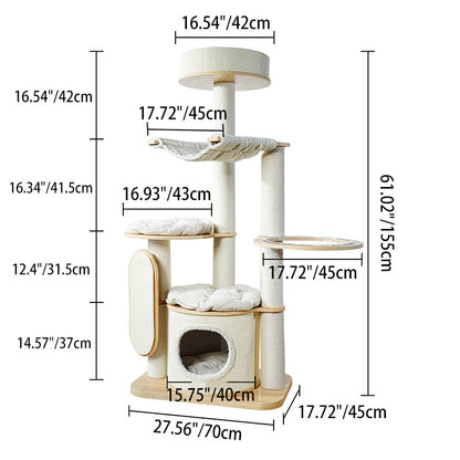 Contemporary Scandinavian Round E0-Grade Plywood Corduroy Hemp Rope Paper Tube Acrylic Cat Tree 5-Tier For Bedroom
