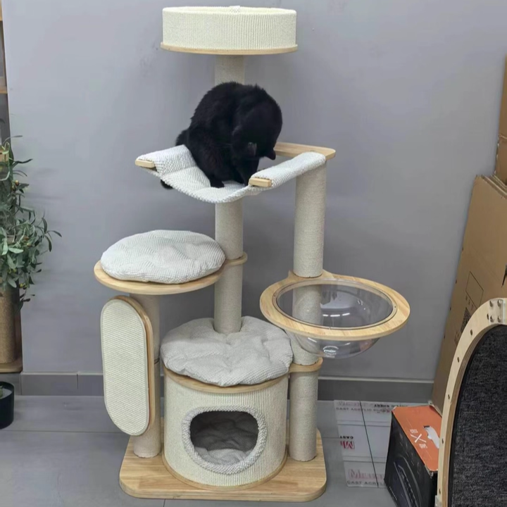 Contemporary Scandinavian Round E0-Grade Plywood Corduroy Hemp Rope Paper Tube Acrylic Cat Tree 5-Tier For Bedroom