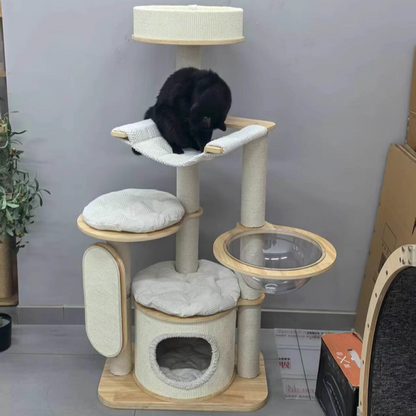 Contemporary Scandinavian Round E0-Grade Plywood Corduroy Hemp Rope Paper Tube Acrylic Cat Tree 5-Tier For Bedroom