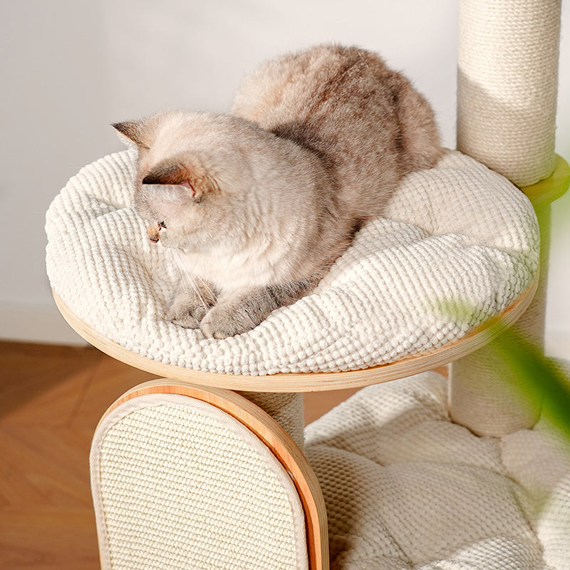 Contemporary Scandinavian Round E0-Grade Plywood Corduroy Hemp Rope Paper Tube Acrylic Cat Tree 5-Tier For Bedroom
