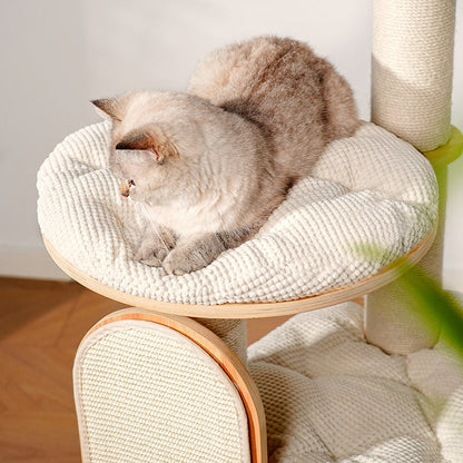 Contemporary Scandinavian Round E0-Grade Plywood Corduroy Hemp Rope Paper Tube Acrylic Cat Tree 5-Tier For Bedroom