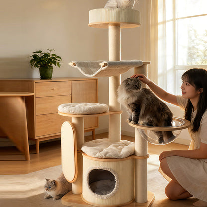 Contemporary Scandinavian Round E0-Grade Plywood Corduroy Hemp Rope Paper Tube Acrylic Cat Tree 5-Tier For Bedroom