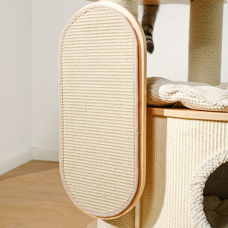 Contemporary Scandinavian Round E0-Grade Plywood Corduroy Hemp Rope Paper Tube Acrylic Cat Tree 5-Tier For Bedroom