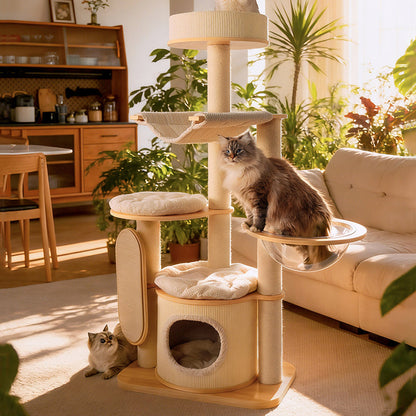 Contemporary Scandinavian Round E0-Grade Plywood Corduroy Hemp Rope Paper Tube Acrylic Cat Tree 5-Tier For Bedroom
