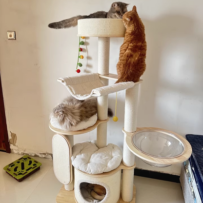 Contemporary Scandinavian Round E0-Grade Plywood Corduroy Hemp Rope Paper Tube Acrylic Cat Tree 5-Tier For Bedroom