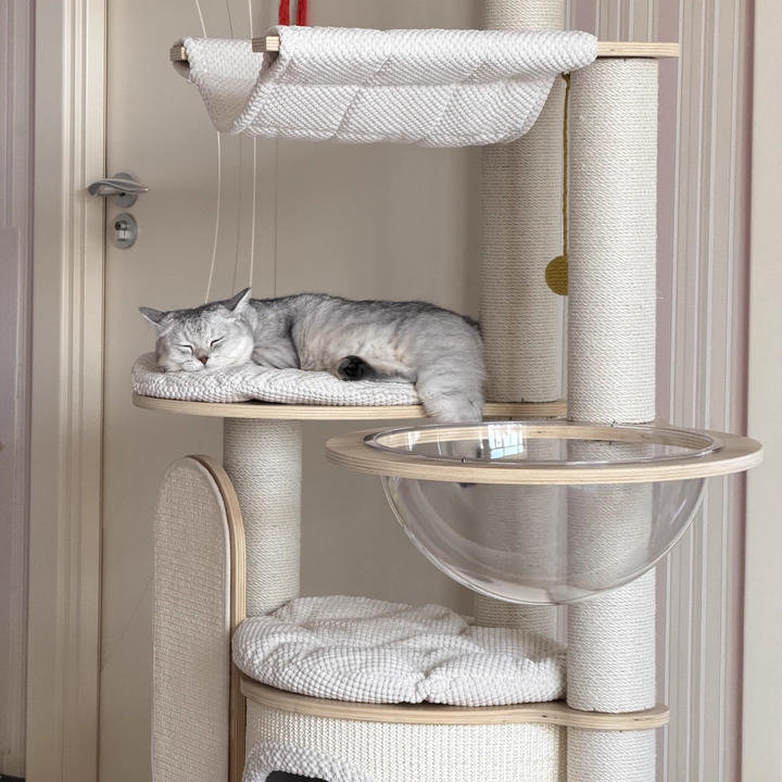 Contemporary Scandinavian Round E0-Grade Plywood Corduroy Hemp Rope Paper Tube Acrylic Cat Tree 5-Tier For Bedroom