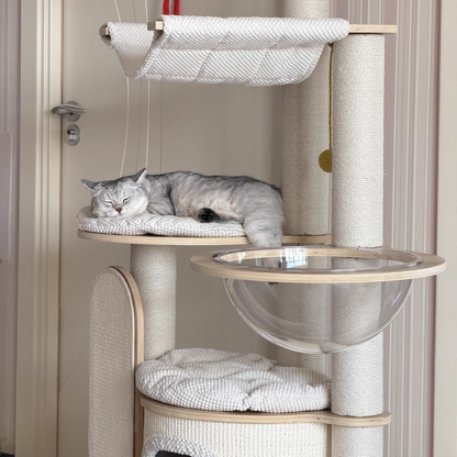Contemporary Scandinavian Round E0-Grade Plywood Corduroy Hemp Rope Paper Tube Acrylic Cat Tree 5-Tier For Bedroom