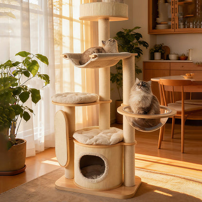 Contemporary Scandinavian Round E0-Grade Plywood Corduroy Hemp Rope Paper Tube Acrylic Cat Tree 5-Tier For Bedroom