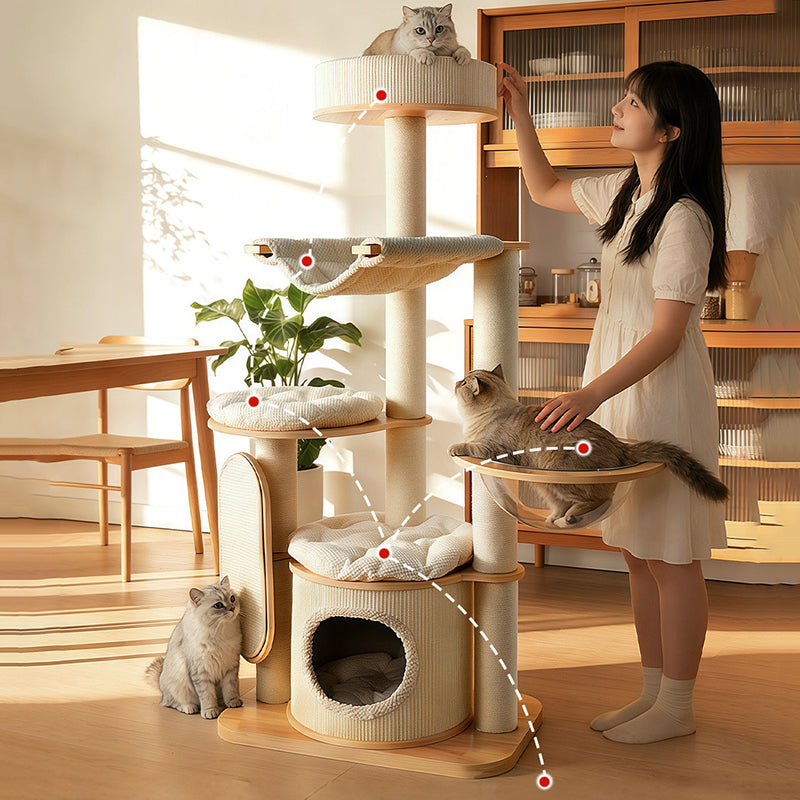 Contemporary Scandinavian Round E0-Grade Plywood Corduroy Hemp Rope Paper Tube Acrylic Cat Tree 5-Tier For Bedroom
