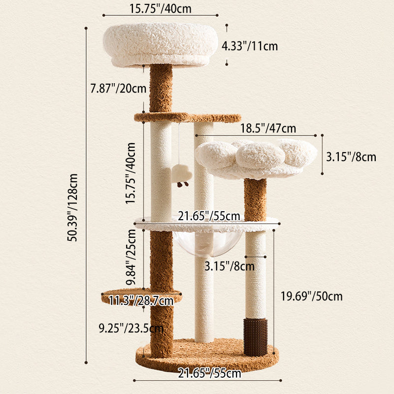 Contemporary Scandinavian Round Medium-Density Fiberboard Velvet Fabric Hemp Rope Paper Tube Acrylic Cat Tree 5-Tier For Bedroom