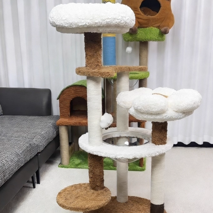 Contemporary Scandinavian Round Medium-Density Fiberboard Velvet Fabric Hemp Rope Paper Tube Acrylic Cat Tree 5-Tier For Bedroom