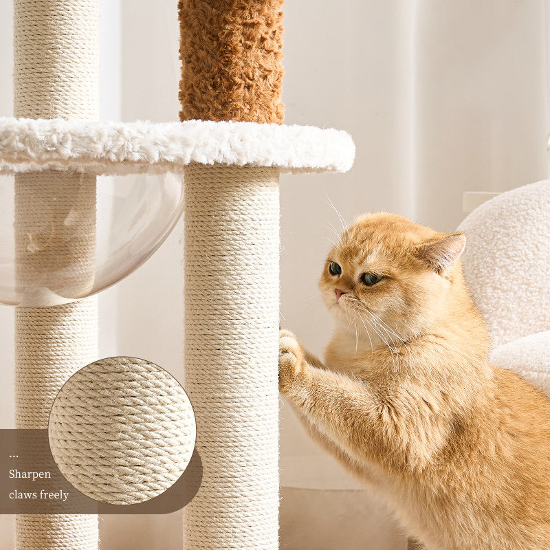Contemporary Scandinavian Round Medium-Density Fiberboard Velvet Fabric Hemp Rope Paper Tube Acrylic Cat Tree 5-Tier For Bedroom