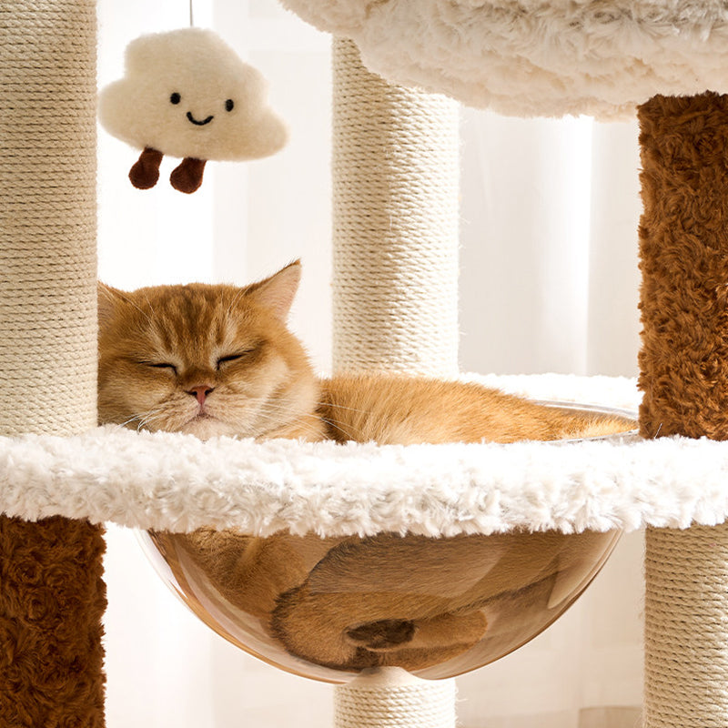 Contemporary Scandinavian Round Medium-Density Fiberboard Velvet Fabric Hemp Rope Paper Tube Acrylic Cat Tree 5-Tier For Bedroom