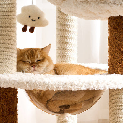 Contemporary Scandinavian Round Medium-Density Fiberboard Velvet Fabric Hemp Rope Paper Tube Acrylic Cat Tree 5-Tier For Bedroom
