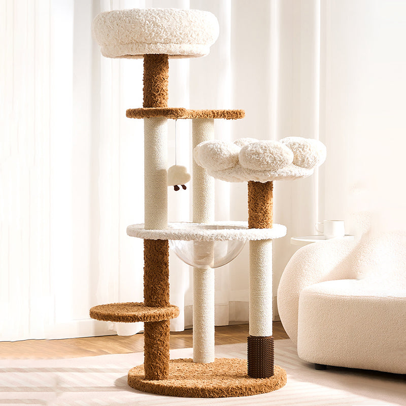 Contemporary Scandinavian Round Medium-Density Fiberboard Velvet Fabric Hemp Rope Paper Tube Acrylic Cat Tree 5-Tier For Bedroom