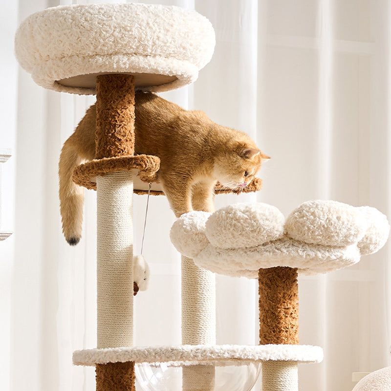 Contemporary Scandinavian Round Medium-Density Fiberboard Velvet Fabric Hemp Rope Paper Tube Acrylic Cat Tree 5-Tier For Bedroom