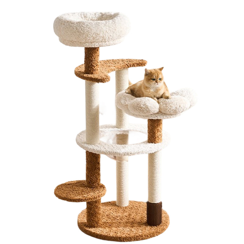 Contemporary Scandinavian Round Medium-Density Fiberboard Velvet Fabric Hemp Rope Paper Tube Acrylic Cat Tree 5-Tier For Bedroom