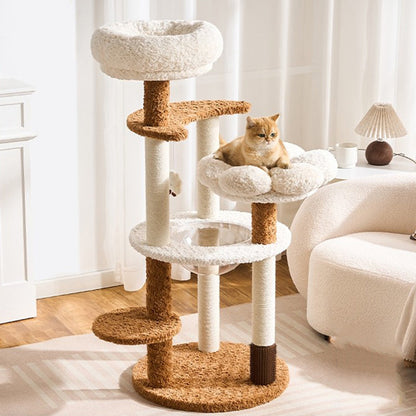Contemporary Scandinavian Round Medium-Density Fiberboard Velvet Fabric Hemp Rope Paper Tube Acrylic Cat Tree 5-Tier For Bedroom