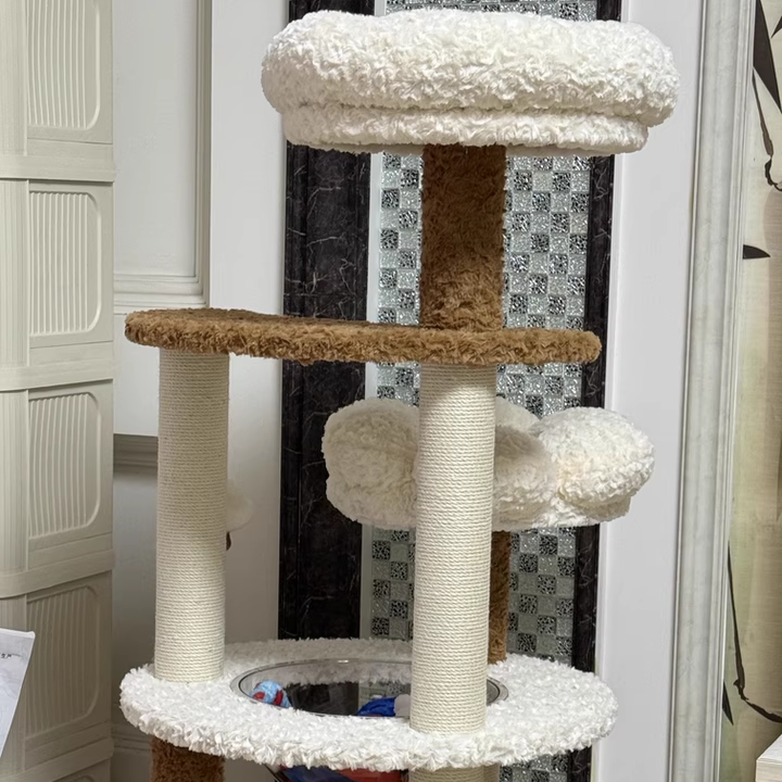 Contemporary Scandinavian Round Medium-Density Fiberboard Velvet Fabric Hemp Rope Paper Tube Acrylic Cat Tree 5-Tier For Bedroom
