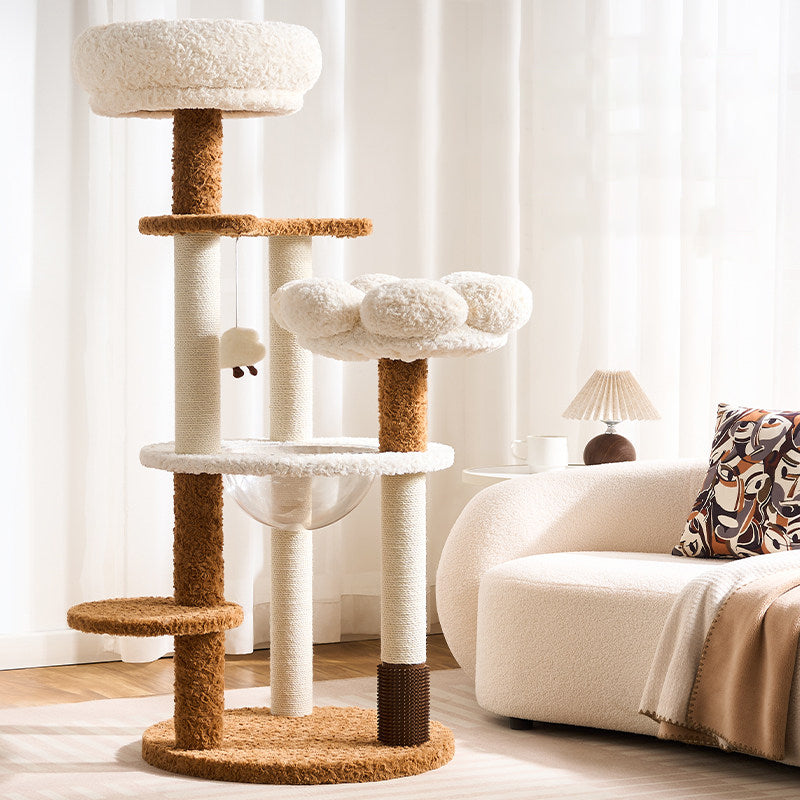 Contemporary Scandinavian Round Medium-Density Fiberboard Velvet Fabric Hemp Rope Paper Tube Acrylic Cat Tree 5-Tier For Bedroom
