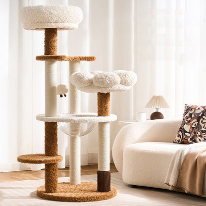 Contemporary Scandinavian Round Medium-Density Fiberboard Velvet Fabric Hemp Rope Paper Tube Acrylic Cat Tree 5-Tier For Bedroom