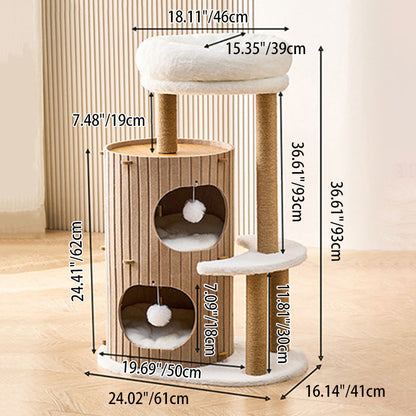Contemporary Scandinavian Round Medium-Density Fiberboard Hemp Rope Paper Tube Velvet Fabric Felt Cat Tree 4-Tier For Bedroom