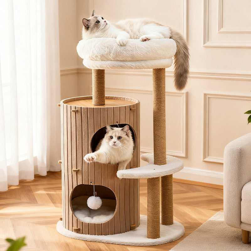 Contemporary Scandinavian Round Medium-Density Fiberboard Hemp Rope Paper Tube Velvet Fabric Felt Cat Tree 4-Tier For Bedroom
