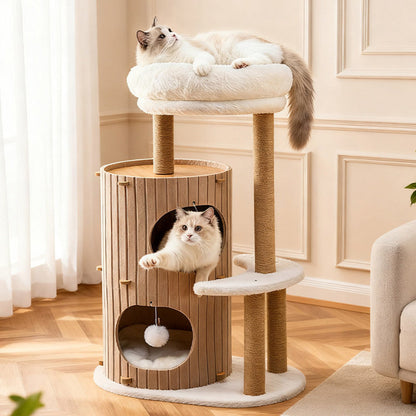 Contemporary Scandinavian Round Medium-Density Fiberboard Hemp Rope Paper Tube Velvet Fabric Felt Cat Tree 4-Tier For Bedroom