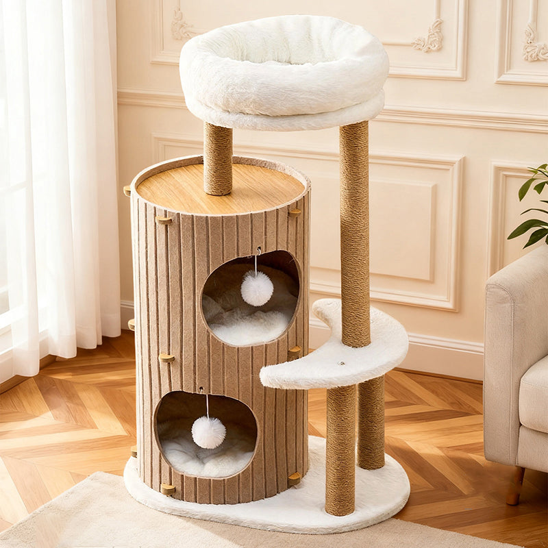 Contemporary Scandinavian Round Medium-Density Fiberboard Hemp Rope Paper Tube Velvet Fabric Felt Cat Tree 4-Tier For Bedroom