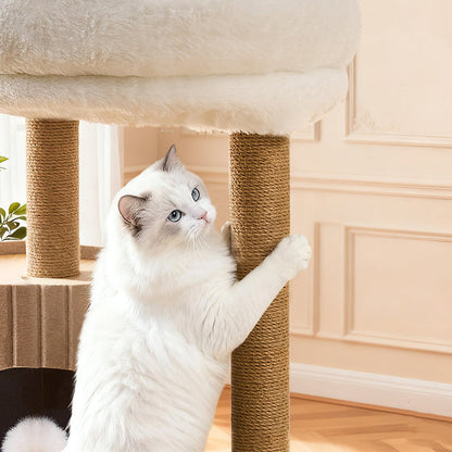 Contemporary Scandinavian Round Medium-Density Fiberboard Hemp Rope Paper Tube Velvet Fabric Felt Cat Tree 4-Tier For Bedroom
