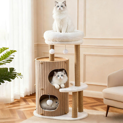 Contemporary Scandinavian Round Medium-Density Fiberboard Hemp Rope Paper Tube Velvet Fabric Felt Cat Tree 4-Tier For Bedroom
