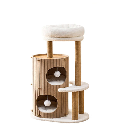 Contemporary Scandinavian Round Medium-Density Fiberboard Hemp Rope Paper Tube Velvet Fabric Felt Cat Tree 4-Tier For Bedroom