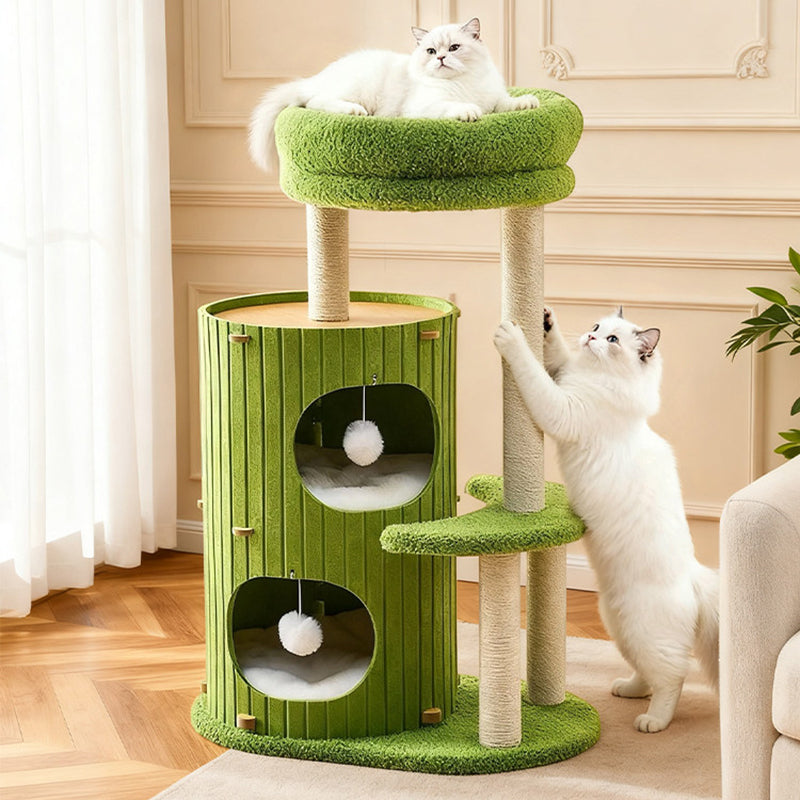Contemporary Scandinavian Round Medium-Density Fiberboard Hemp Rope Paper Tube Velvet Fabric Felt Cat Tree 4-Tier For Bedroom
