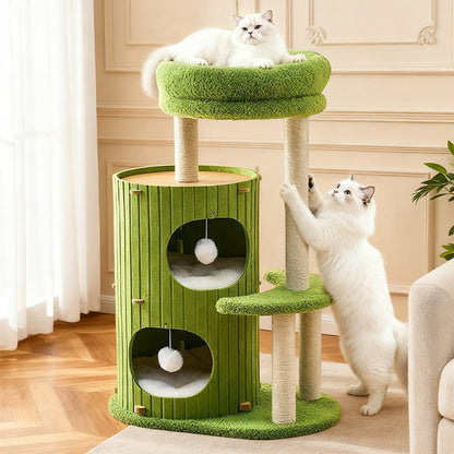 Contemporary Scandinavian Round Medium-Density Fiberboard Hemp Rope Paper Tube Velvet Fabric Felt Cat Tree 4-Tier For Bedroom