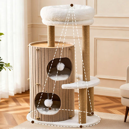 Contemporary Scandinavian Round Medium-Density Fiberboard Hemp Rope Paper Tube Velvet Fabric Felt Cat Tree 4-Tier For Bedroom