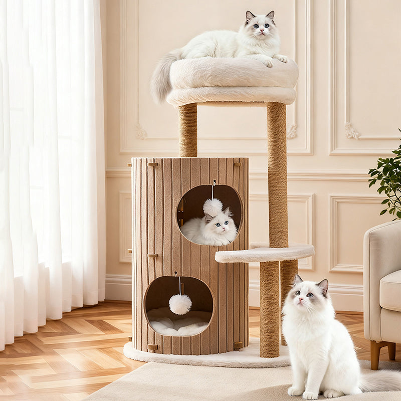 Contemporary Scandinavian Round Medium-Density Fiberboard Hemp Rope Paper Tube Velvet Fabric Felt Cat Tree 4-Tier For Bedroom