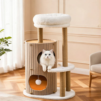 Contemporary Scandinavian Round Medium-Density Fiberboard Hemp Rope Paper Tube Velvet Fabric Felt Cat Tree 4-Tier For Bedroom